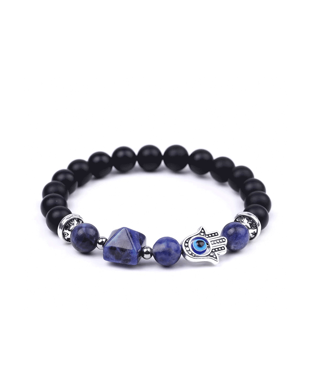 Image of Nekta bracelet featuring black onyx, lapis lazuli, and a Hamsa charm