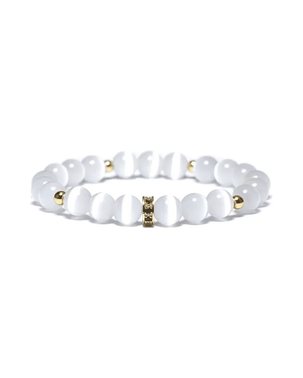 White beaded bracelet with gold accents, promoting peace and clarity