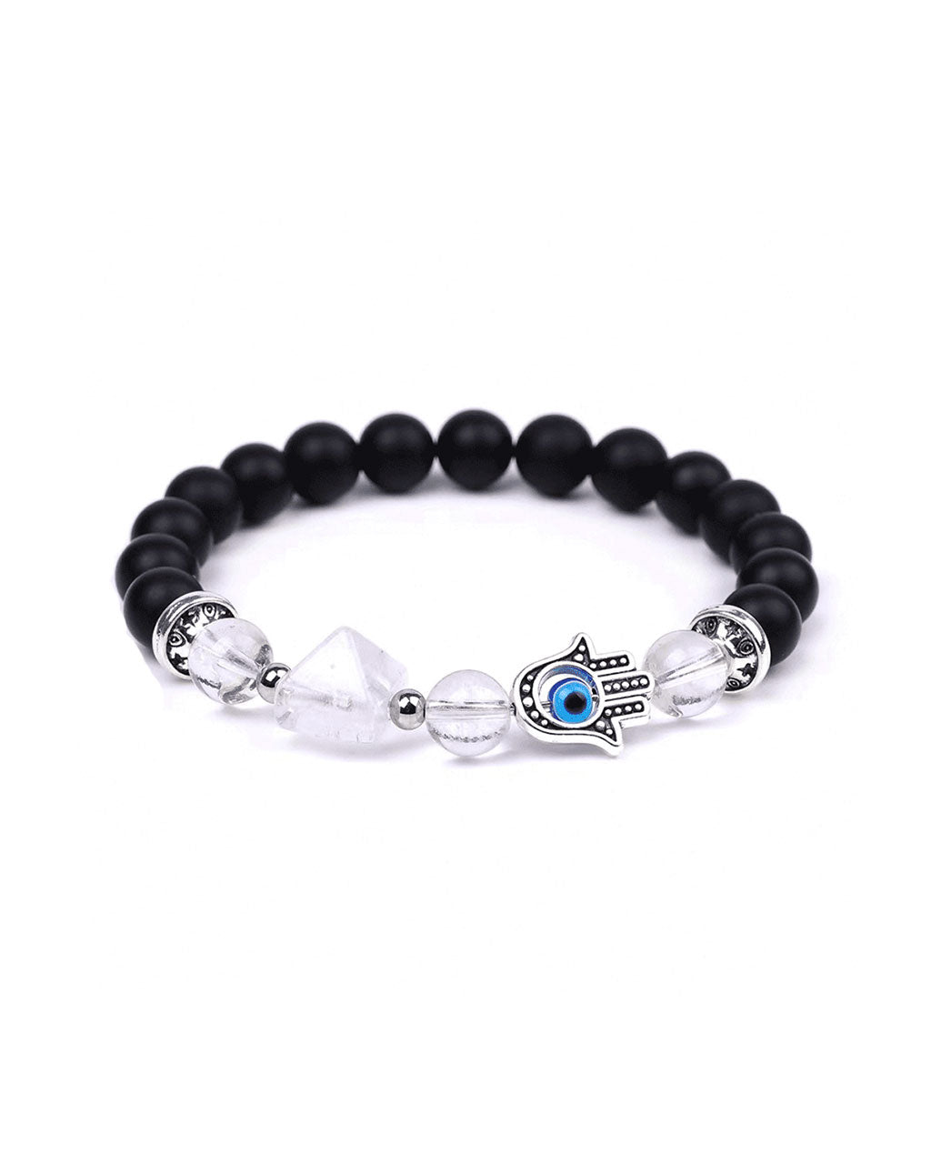 Selene energy bracelet with onyx, quartz, and Hamsa charm