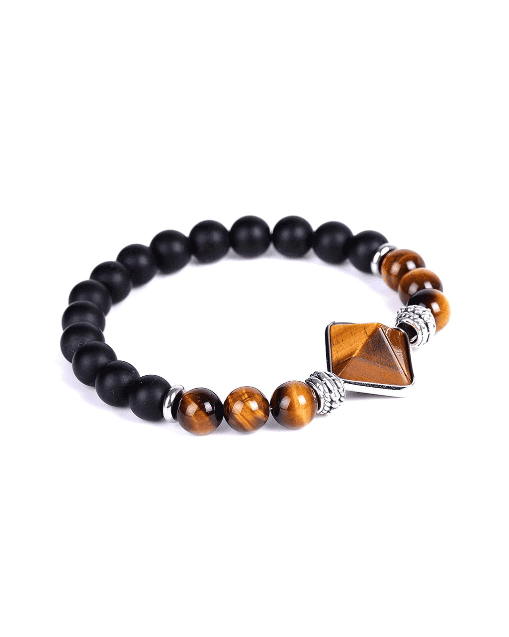 Bracelet with black matte beads, tiger's eye beads, silver spacers, and a faceted square tiger's eye pendant